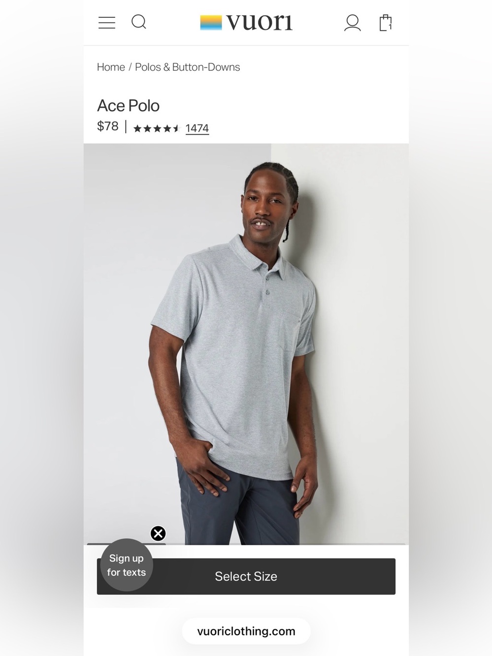 Vuori Ace Polo in Light Gray, Men’s size L
